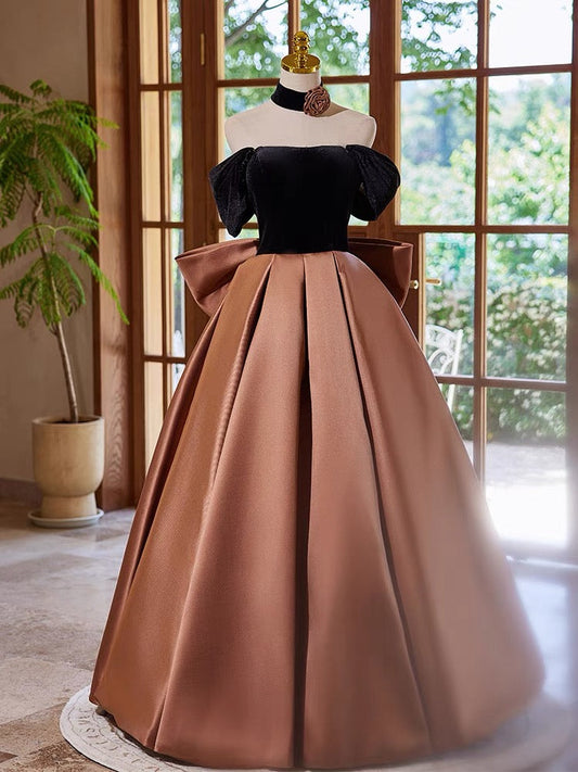 A-Line  Satin Velvet Brown Long Prom Dress, Brown Long Formal Dress