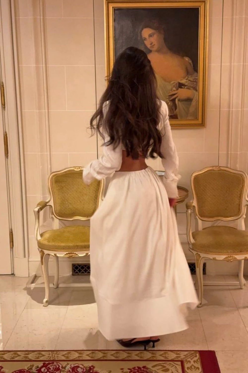 Chic Luxury Edgy Style Cutout Set Dress | White Shirt-Style Bandeau + Ballgown Maxi Skirt for Art Exhibition Gala Luxury Social Outfit gh6437