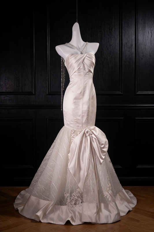 Champagne Soft Flower Twist Strapless Diamond Strap Mermaid Maxi Dress gh6924