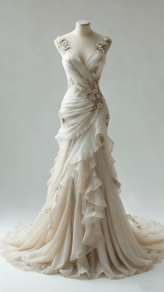Ivory Vintage Floral Long Tulle Ball Gown Wedding Dress gh4955