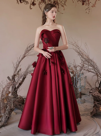 A-Line Sweetheart Neck Satin Burgundy Long Prom Dress, Burgundy Long Formal Dress