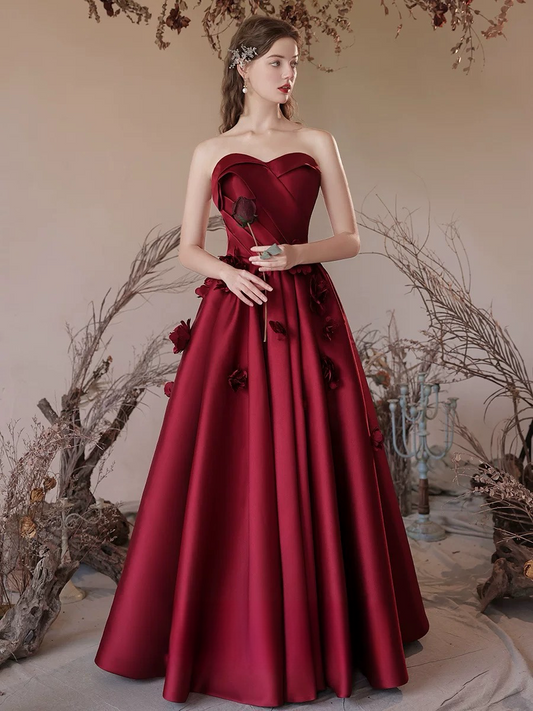 A-Line Sweetheart Neck Satin Burgundy Long Prom Dress, Burgundy Long Formal Dress