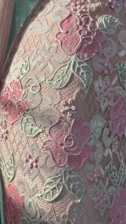 Vintage Gorgeous Pink Floral V-neck Applique Elegant Chiffon Long Evening Dress Prom Dresses HZ1024