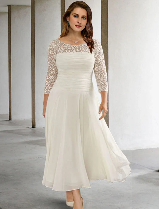 Aimishang A-Line Mother of the Bride Dresses Plus Size Hide Belly Curve Elegant Dress Formal Tea Length 3/4 Length Sleeve Jewel Neck Chiffon with Ruched Beading Sequin Fall