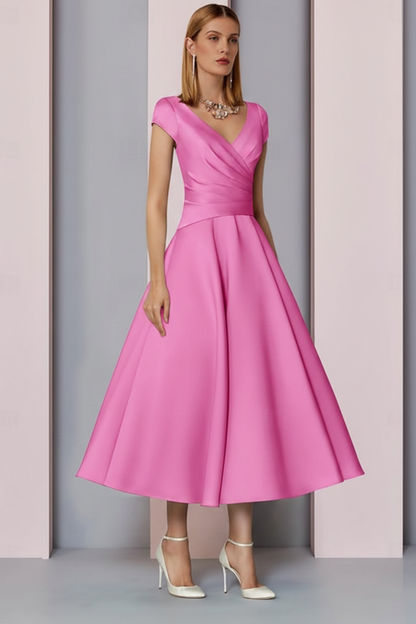Navy Satin A-Line Mother of the Bride Dress V Neck Tea Length Wedding Guest Dress