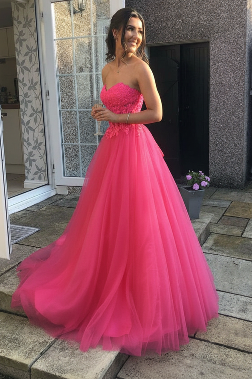 Sweetheart Open Back Pink Lace Long Prom Dresses Tulle Aline Formal Evening Dresses