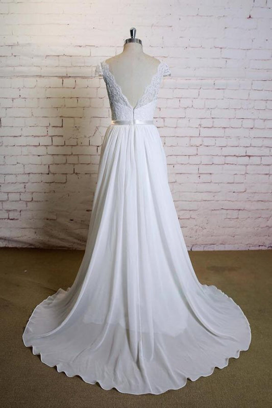 Cap Sleeve A-line Lace Chiffon Wedding Dress