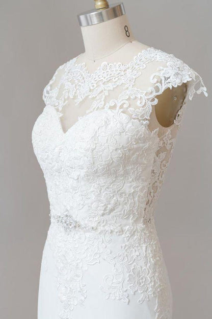 Cap Sleeve Illusion Lace Sheath Wedding Dress