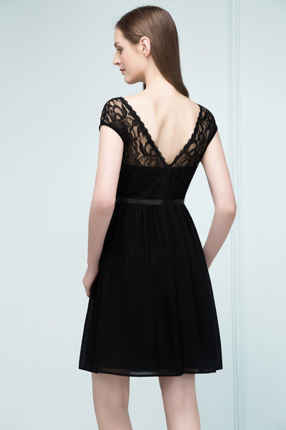 Cap Sleeves Chiffon Short Bridesmaid Dress Black