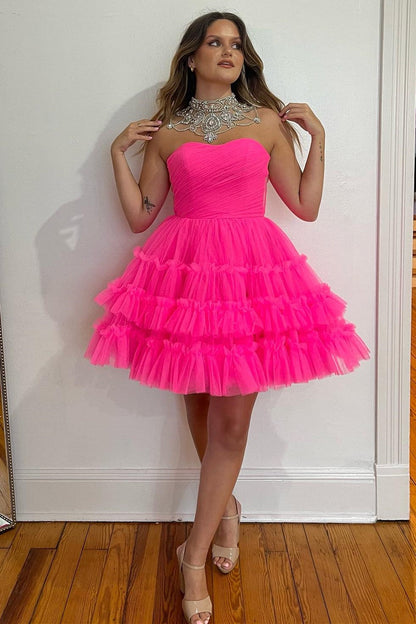 Hot Pink Strapless Ruffle A-Line Homecoming Dress