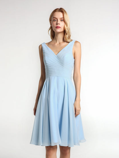 V neck Pleated Bodice Circle Skirt Mini Dress Sky Blue
