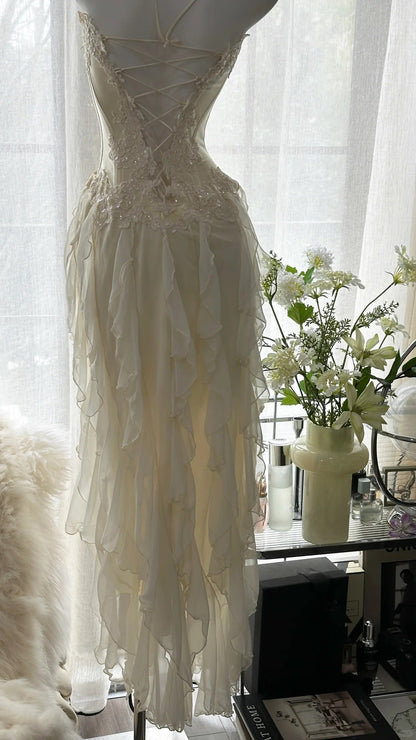 Ivory White Romantic Elegant Exquisite Beaded Backless Long Chiffon Ruffle Homecoming Dress Prom Dress Evening Dress Birthday Holiday Party Dress gh4009