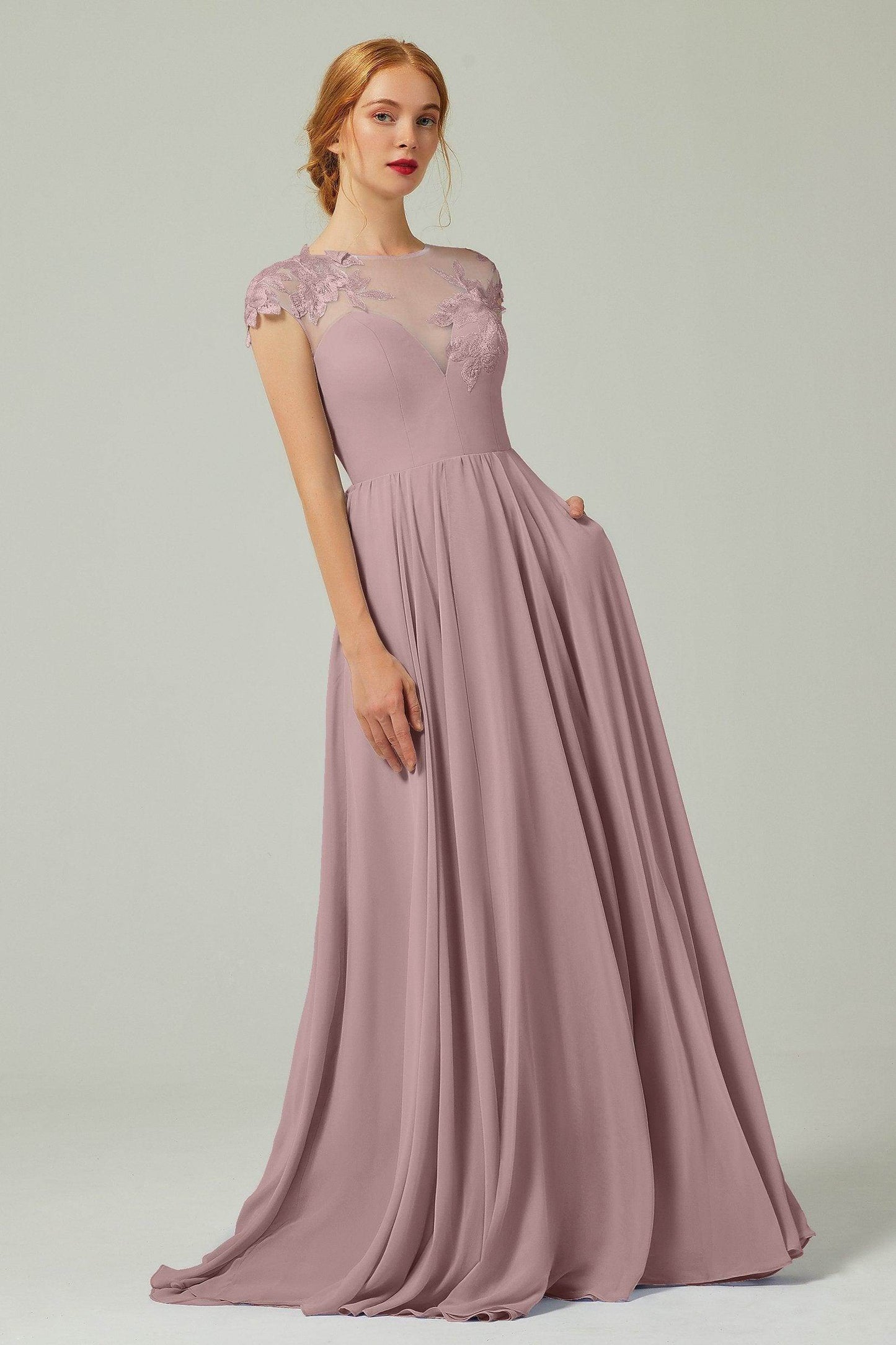 A-Line Sweep-Brush-Train Chiffon Bridesmaid Dress CB0248PS