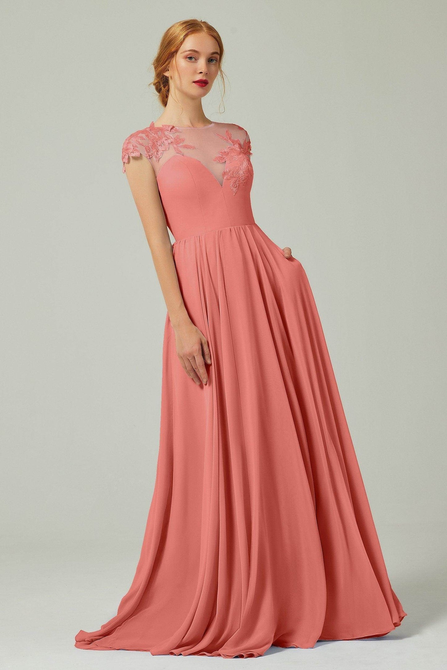 A-Line Sweep-Brush-Train Chiffon Bridesmaid Dress CB0248PS