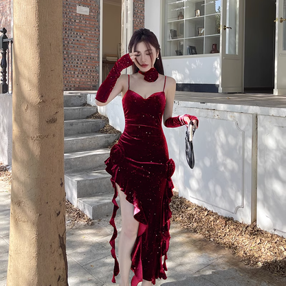 Vintage Glittering Sequin Sweetheart Spaghetti Strap Ruffled High Slit Prom Dress Evening Dress HZ1024