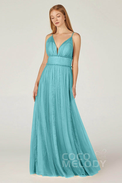 A-Line Floor Length Tulle Lace Bridesmaid Dress CB0374