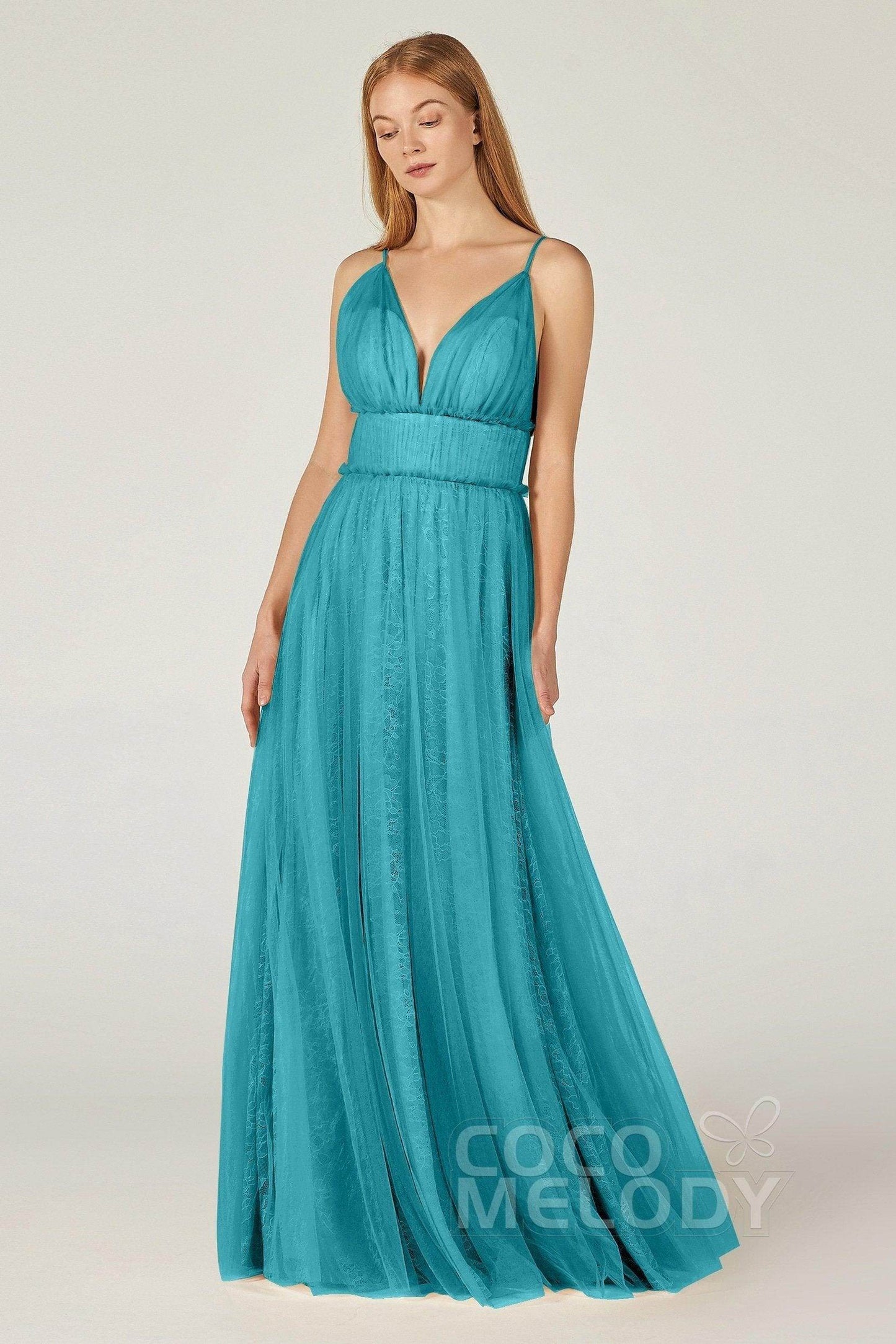 A-Line Floor Length Tulle Lace Bridesmaid Dress CB0374