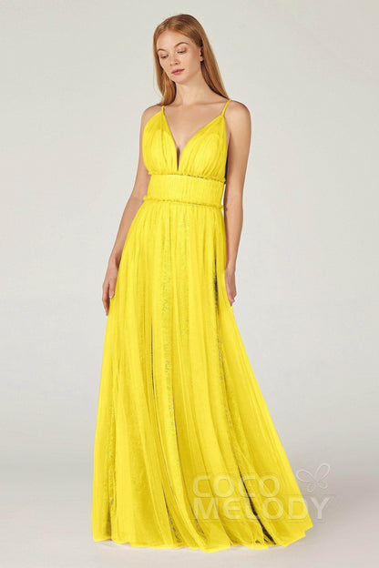 A-Line Floor Length Tulle Lace Bridesmaid Dress CB0374