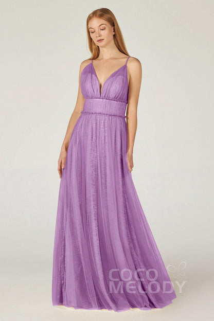 A-Line Floor Length Tulle Lace Bridesmaid Dress CB0374
