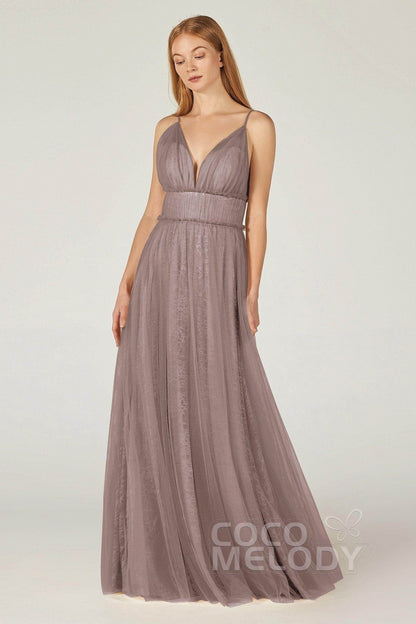 A-Line Floor Length Tulle Lace Bridesmaid Dress CB0374