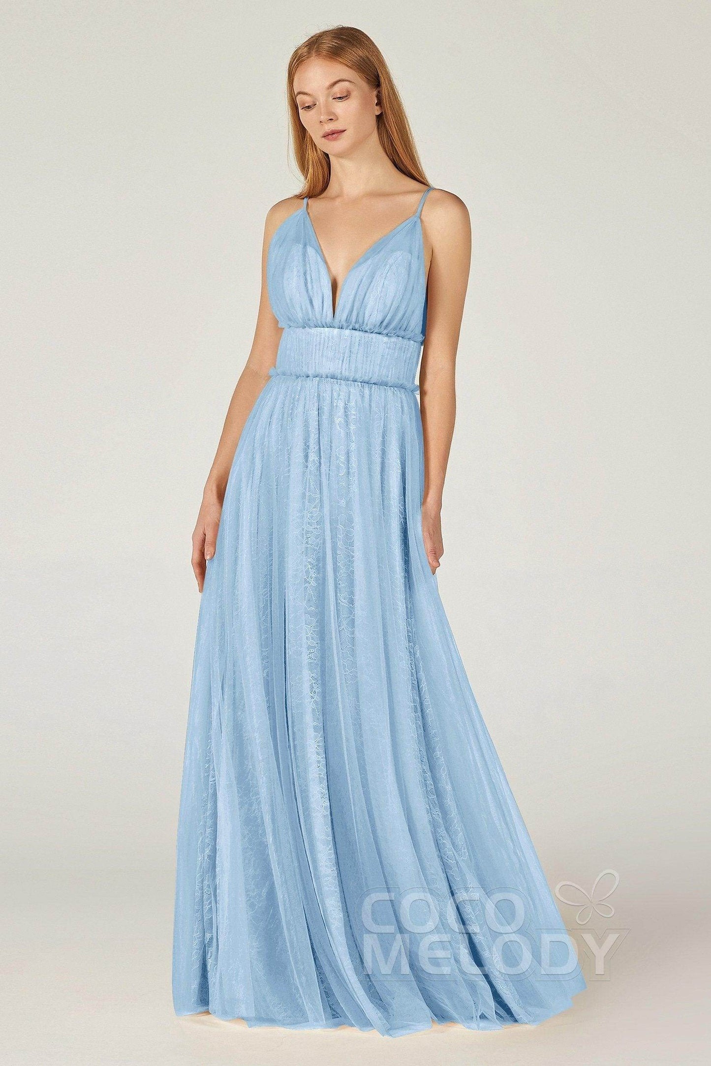 A-Line Floor Length Tulle Lace Bridesmaid Dress CB0374