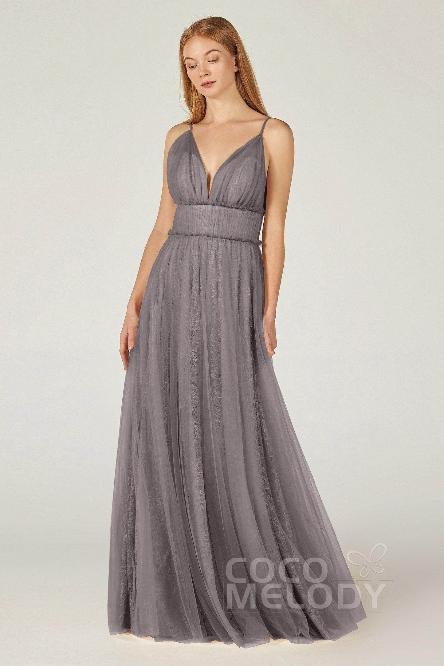 A-Line Floor Length Tulle Lace Bridesmaid Dress CB0374