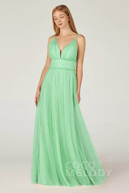 A-Line Floor Length Tulle Lace Bridesmaid Dress CB0374