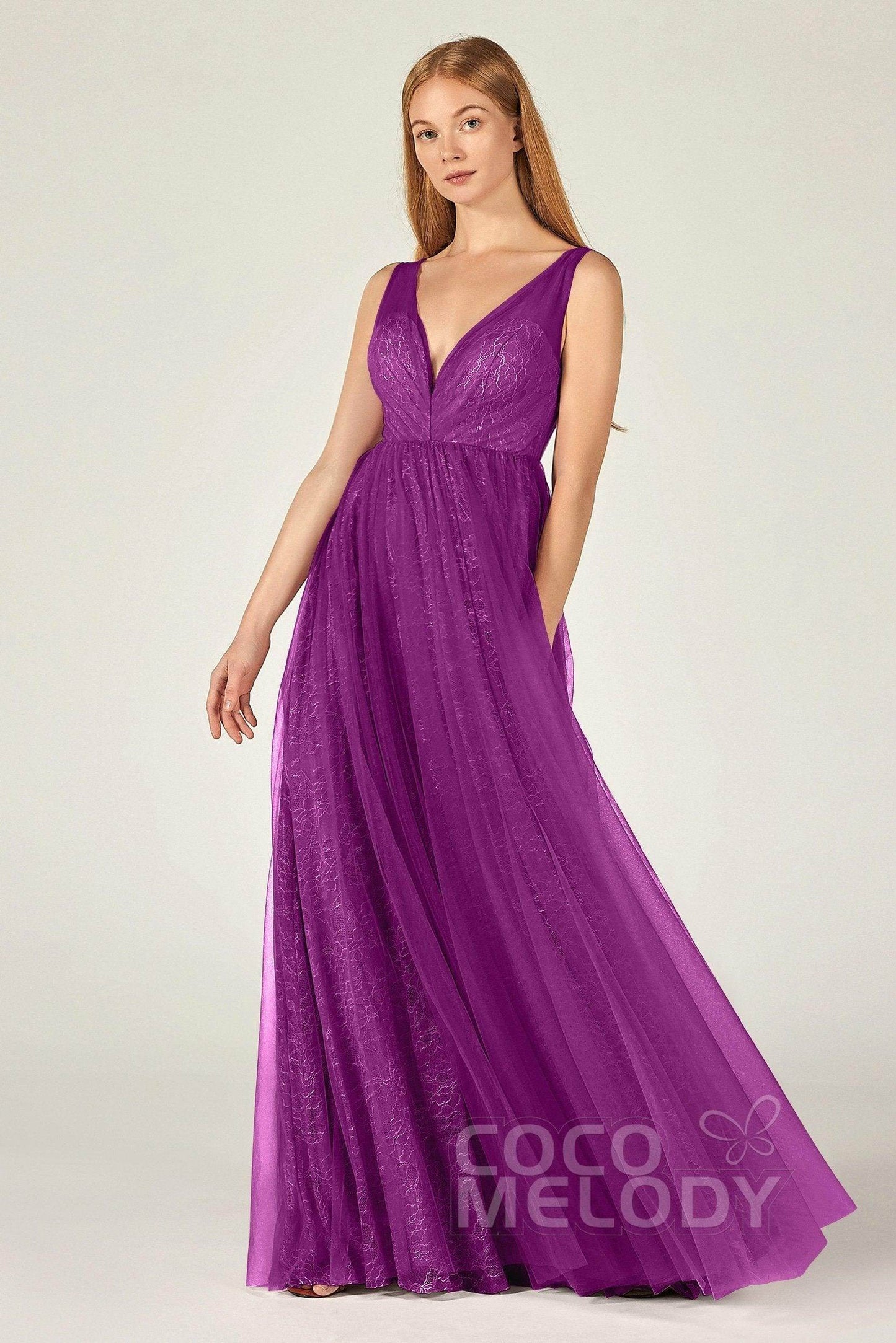 A-Line Floor Length Tulle Lace Bridesmaid Dress CB0375