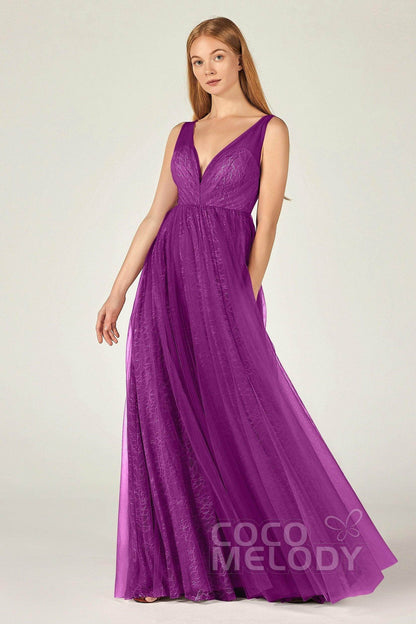A-Line Floor Length Tulle Lace Bridesmaid Dress CB0375