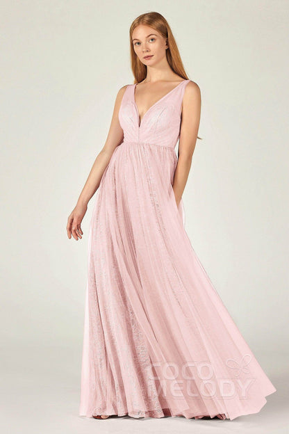 A-Line Floor Length Tulle Lace Bridesmaid Dress CB0375