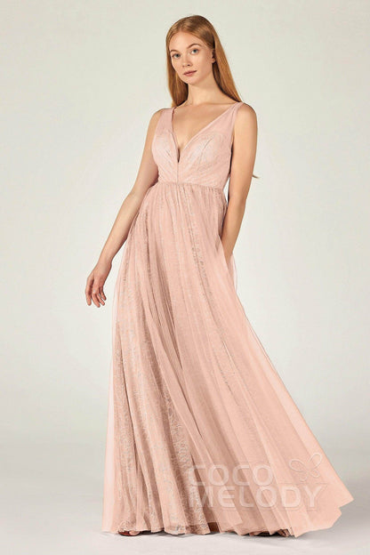 A-Line Floor Length Tulle Lace Bridesmaid Dress CB0375