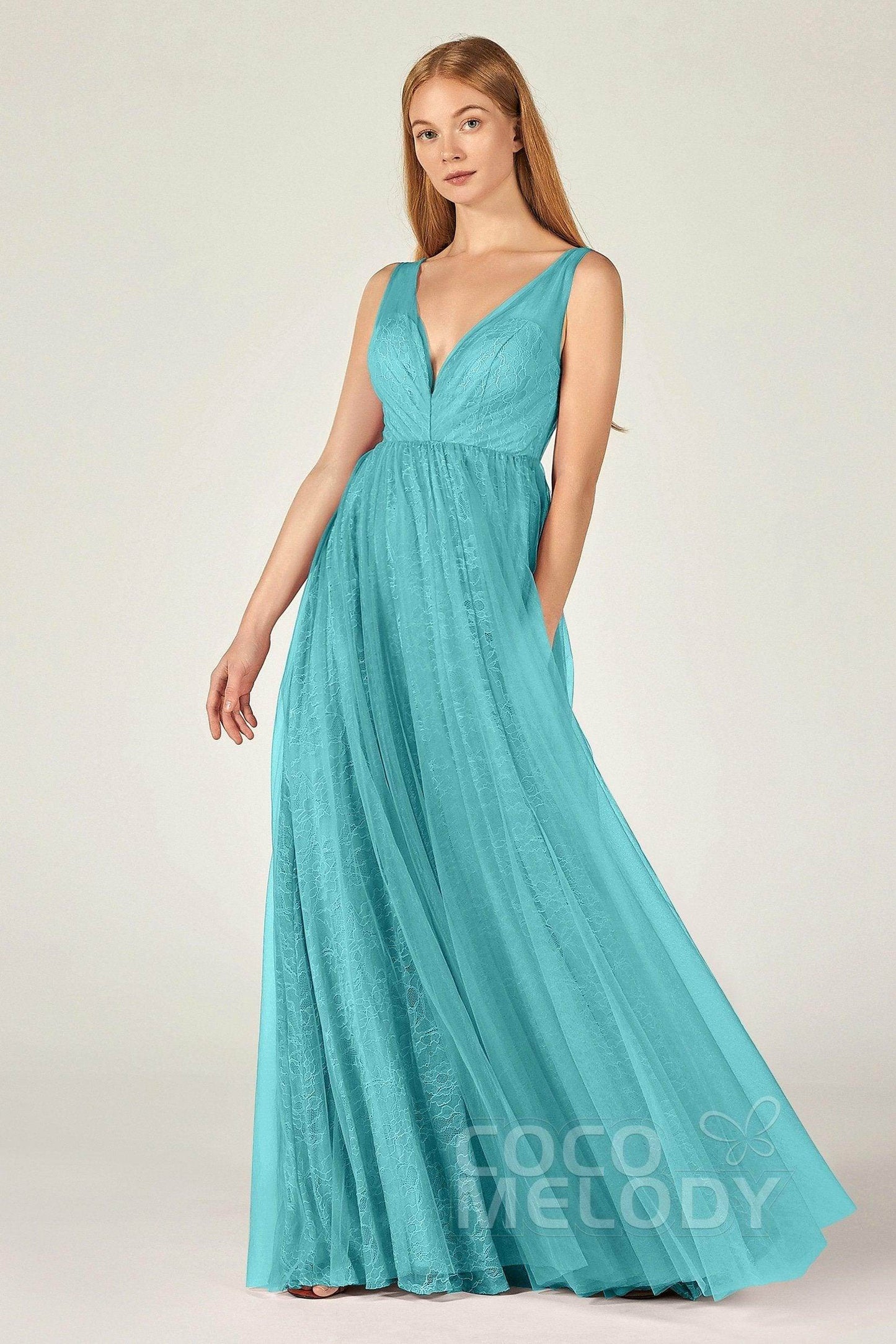 A-Line Floor Length Tulle Lace Bridesmaid Dress CB0375