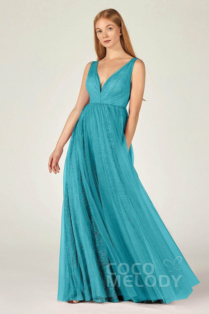 A-Line Floor Length Tulle Lace Bridesmaid Dress CB0375