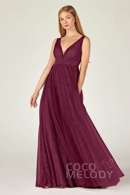 A-Line Floor Length Tulle Lace Bridesmaid Dress CB0375