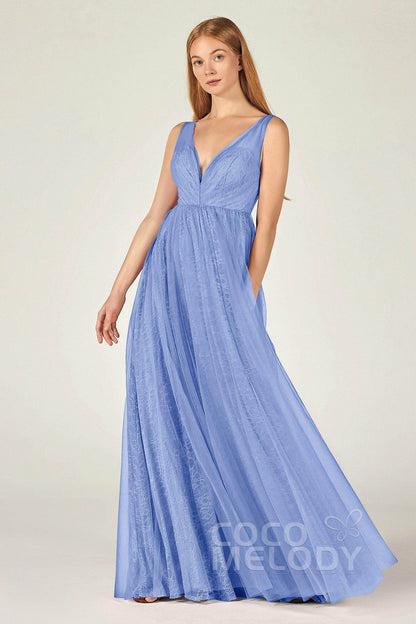 A-Line Floor Length Tulle Lace Bridesmaid Dress CB0375