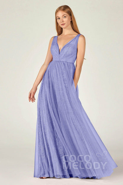 A-Line Floor Length Tulle Lace Bridesmaid Dress CB0375