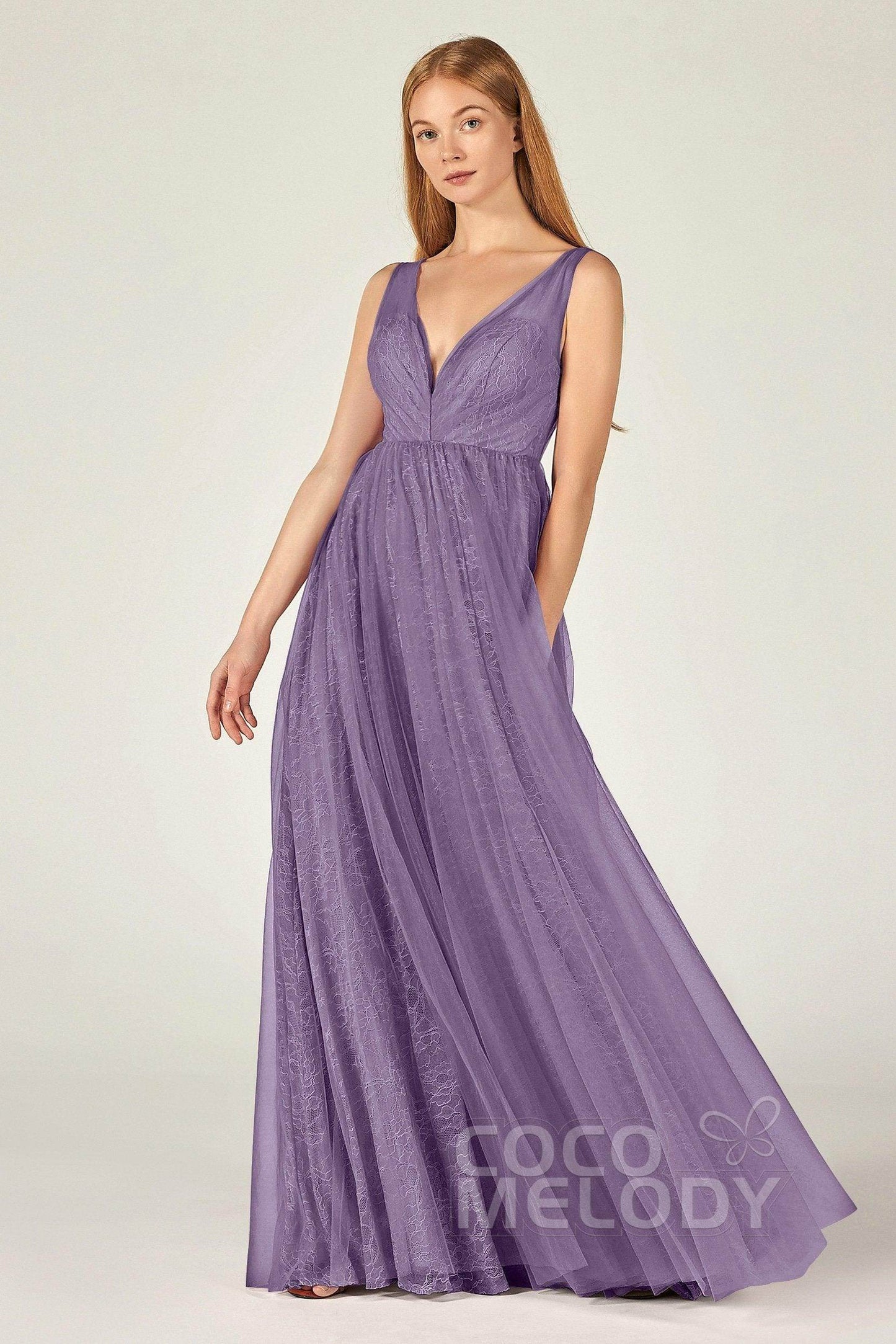 A-Line Floor Length Tulle Lace Bridesmaid Dress CB0375