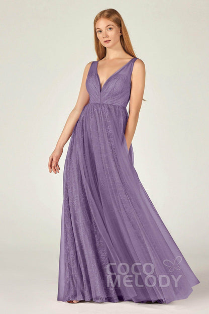 A-Line Floor Length Tulle Lace Bridesmaid Dress CB0375