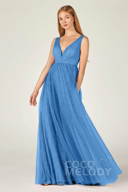 A-Line Floor Length Tulle Lace Bridesmaid Dress CB0375