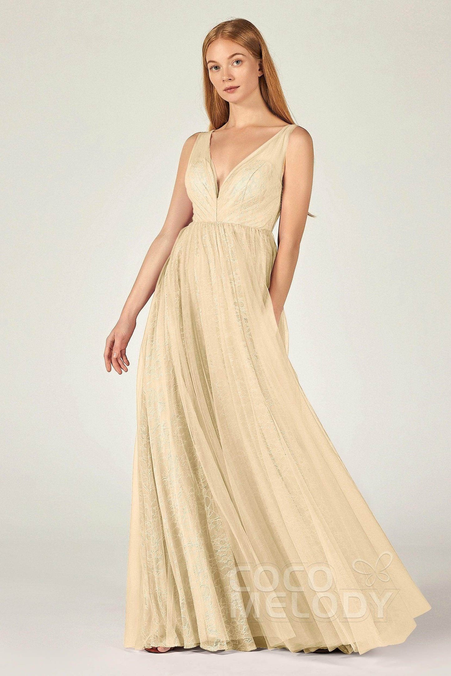 A-Line Floor Length Tulle Lace Bridesmaid Dress CB0375