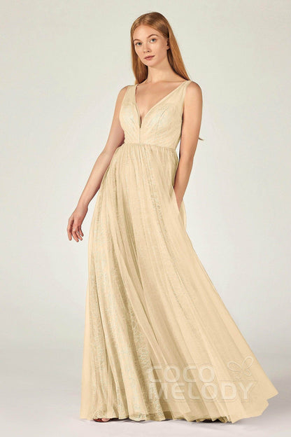 A-Line Floor Length Tulle Lace Bridesmaid Dress CB0375