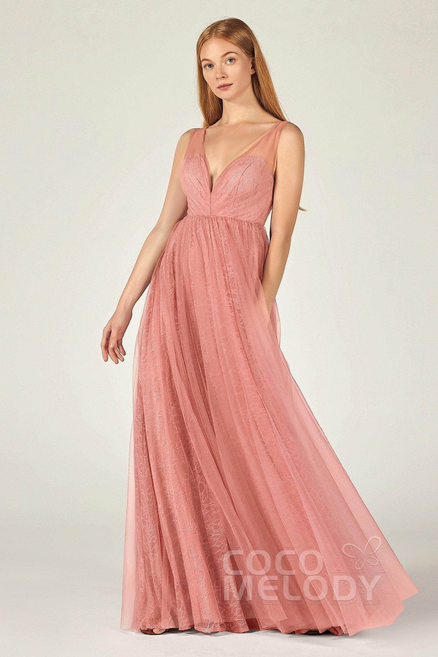 A-Line Floor Length Tulle Lace Bridesmaid Dress CB0375