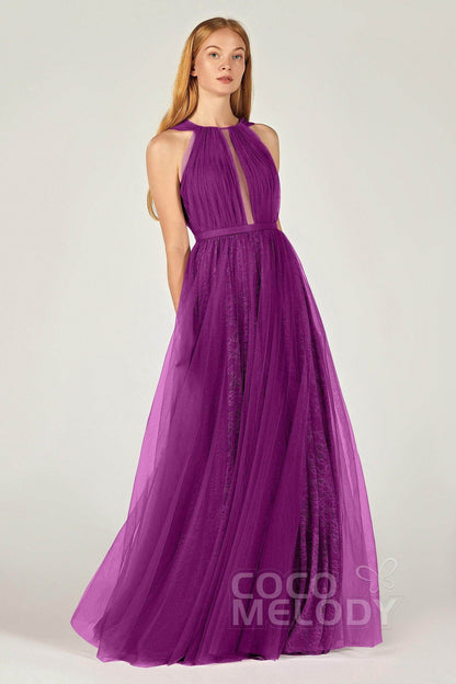 A-Line Floor Length Tulle/Lace Bridesmaid Dress CB0376
