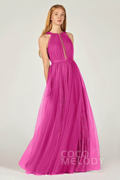 A-Line Floor Length Tulle/Lace Bridesmaid Dress CB0376