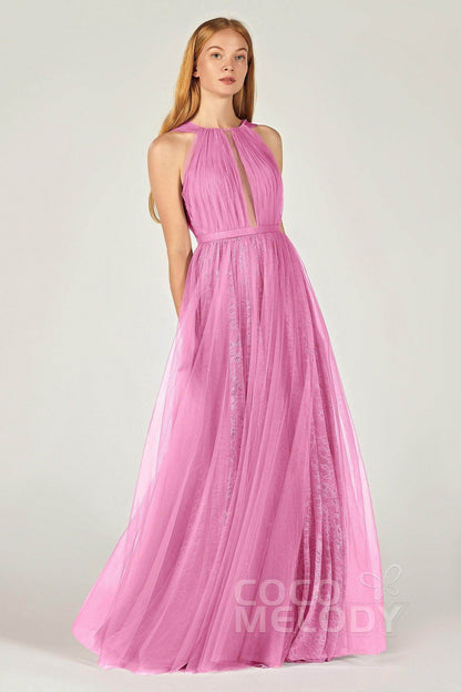 A-Line Floor Length Tulle/Lace Bridesmaid Dress CB0376