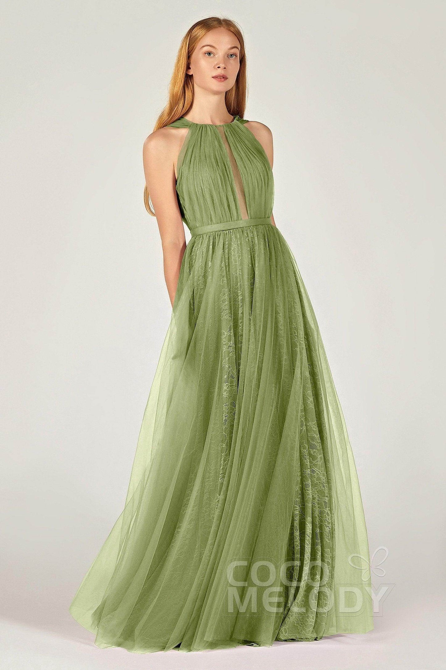 A-Line Floor Length Tulle/Lace Bridesmaid Dress CB0376