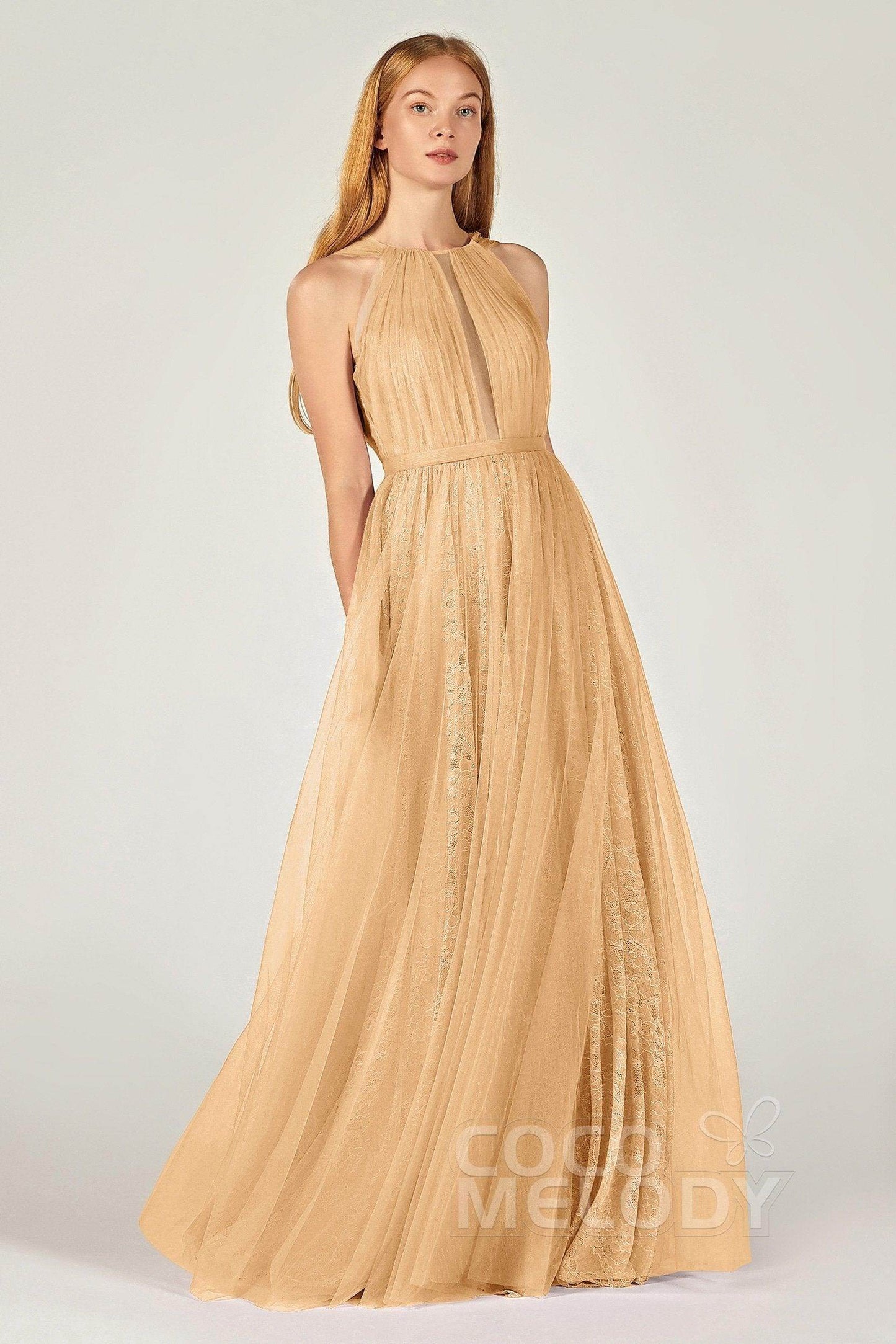 A-Line Floor Length Tulle/Lace Bridesmaid Dress CB0376