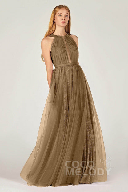 A-Line Floor Length Tulle/Lace Bridesmaid Dress CB0376
