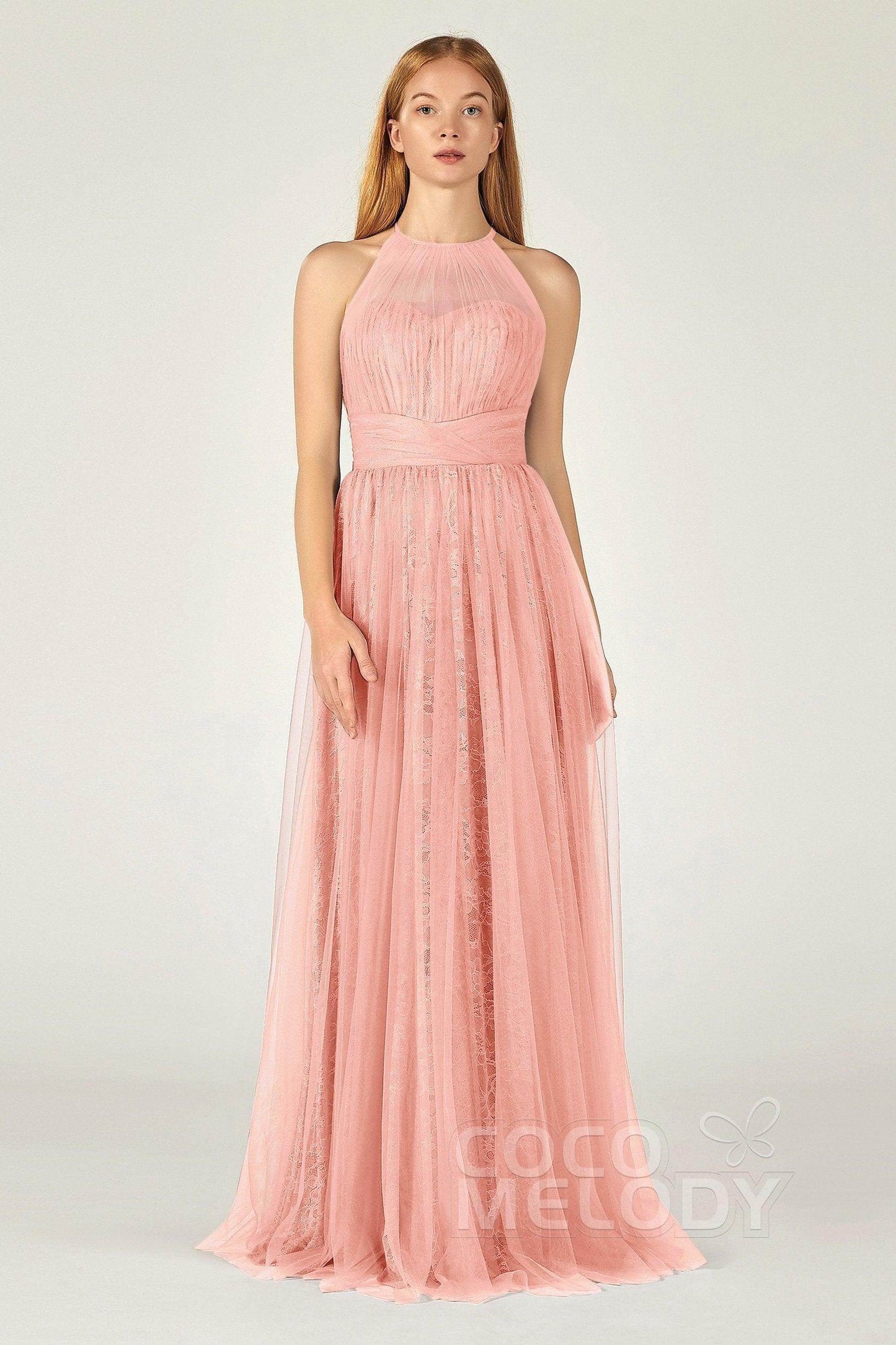 A-Line Floor Length Tulle Lace Bridesmaid Dress CB0377
