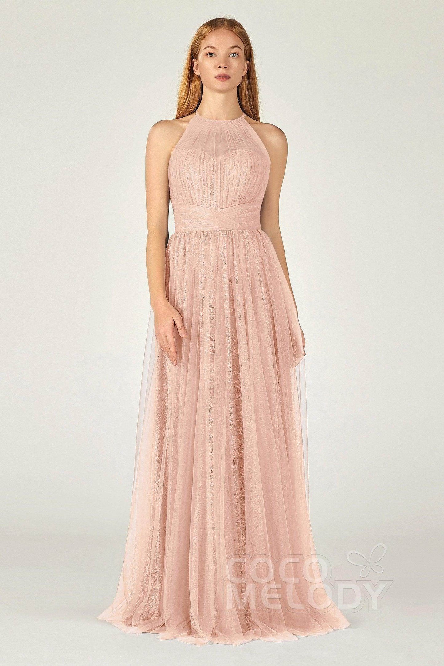 A-Line Floor Length Tulle Lace Bridesmaid Dress CB0377